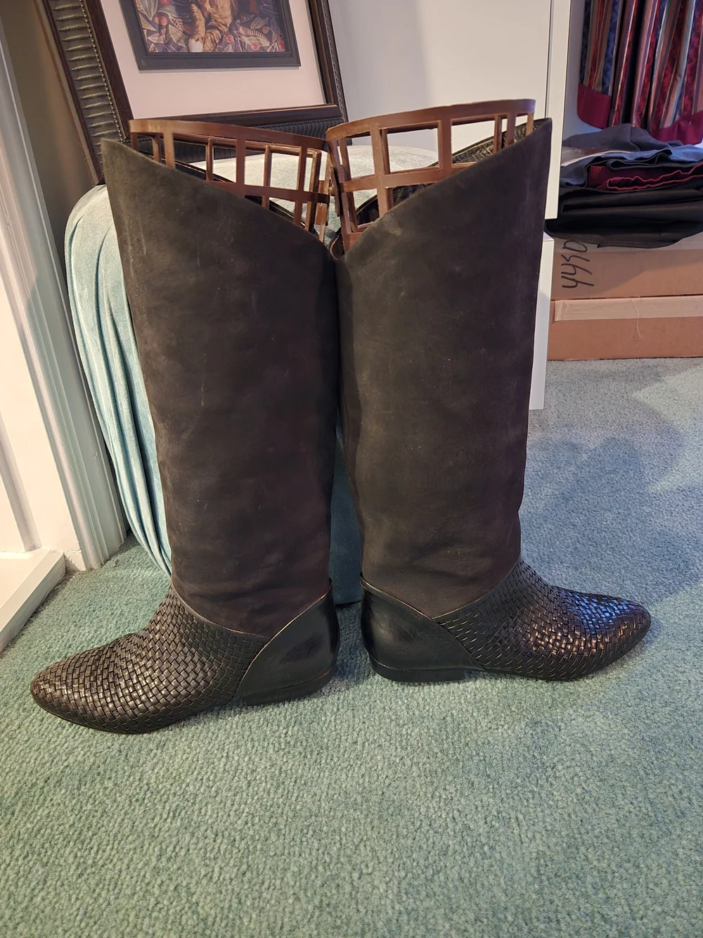 Via Spiga Woven Black Leather & Suede Knee-High Boots in Black Made In Italy 6B